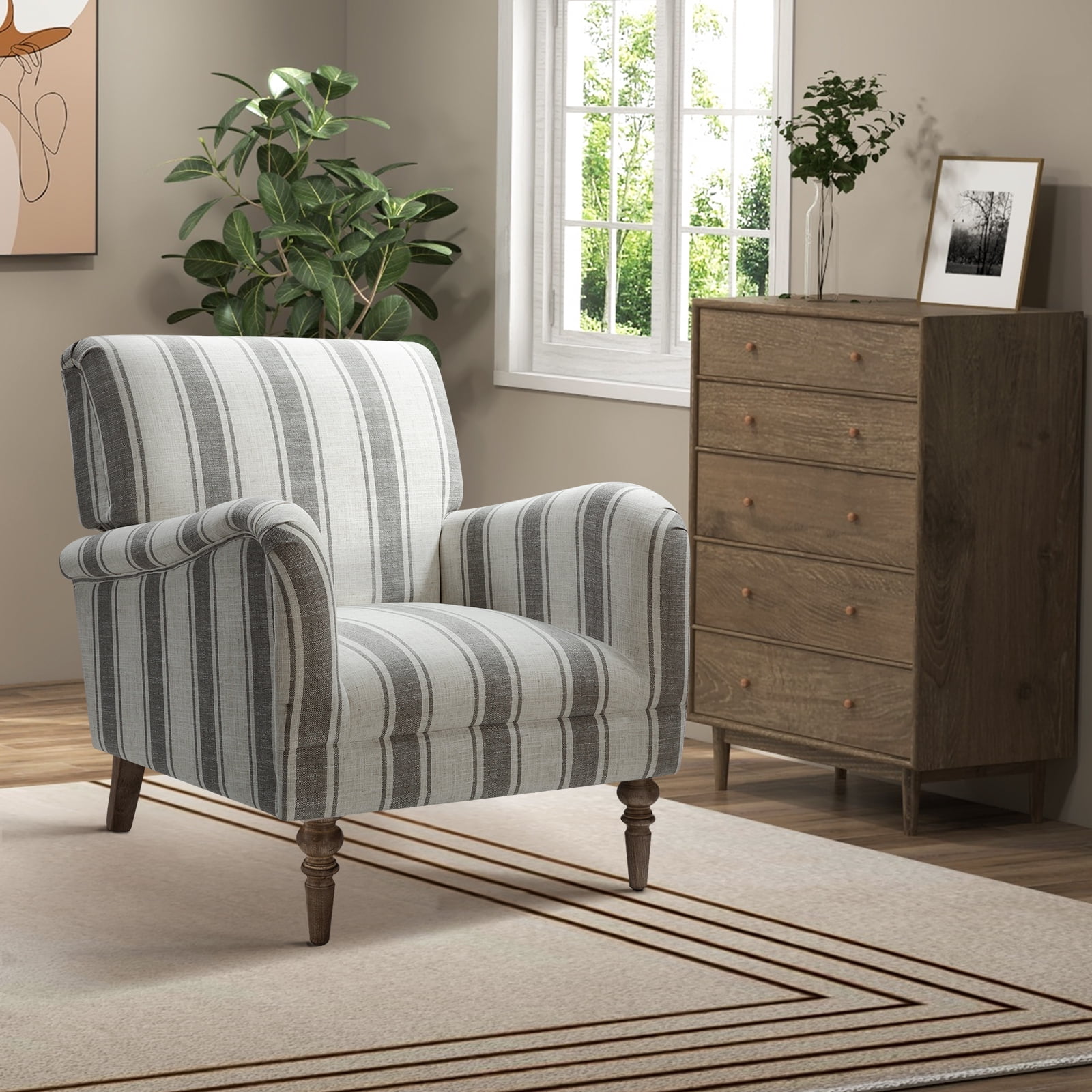 Stripe Armchair Upholstered Wooden Legs Accent Chair for Home