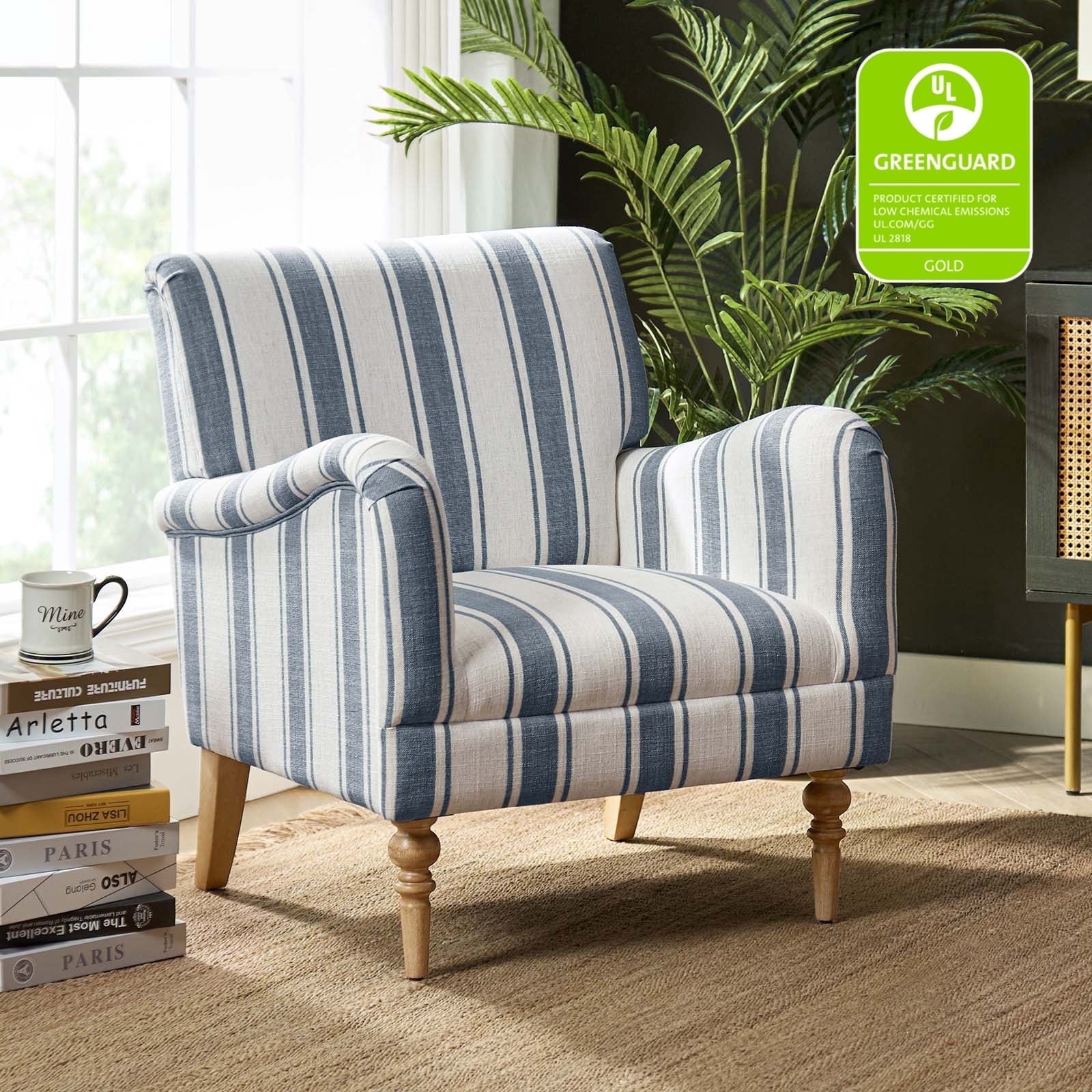 Stripe Armchair Upholstered Wooden Legs Accent Chair for Living Room Bedroom Adults Navy Stripe