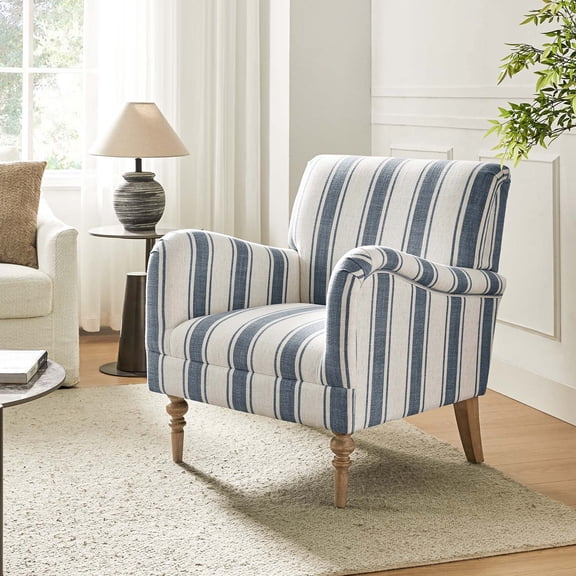 Stripe Armchair Upholstered Wooden Legs Accent Chair for Living Room Bedroom Adults Navy Stripe
