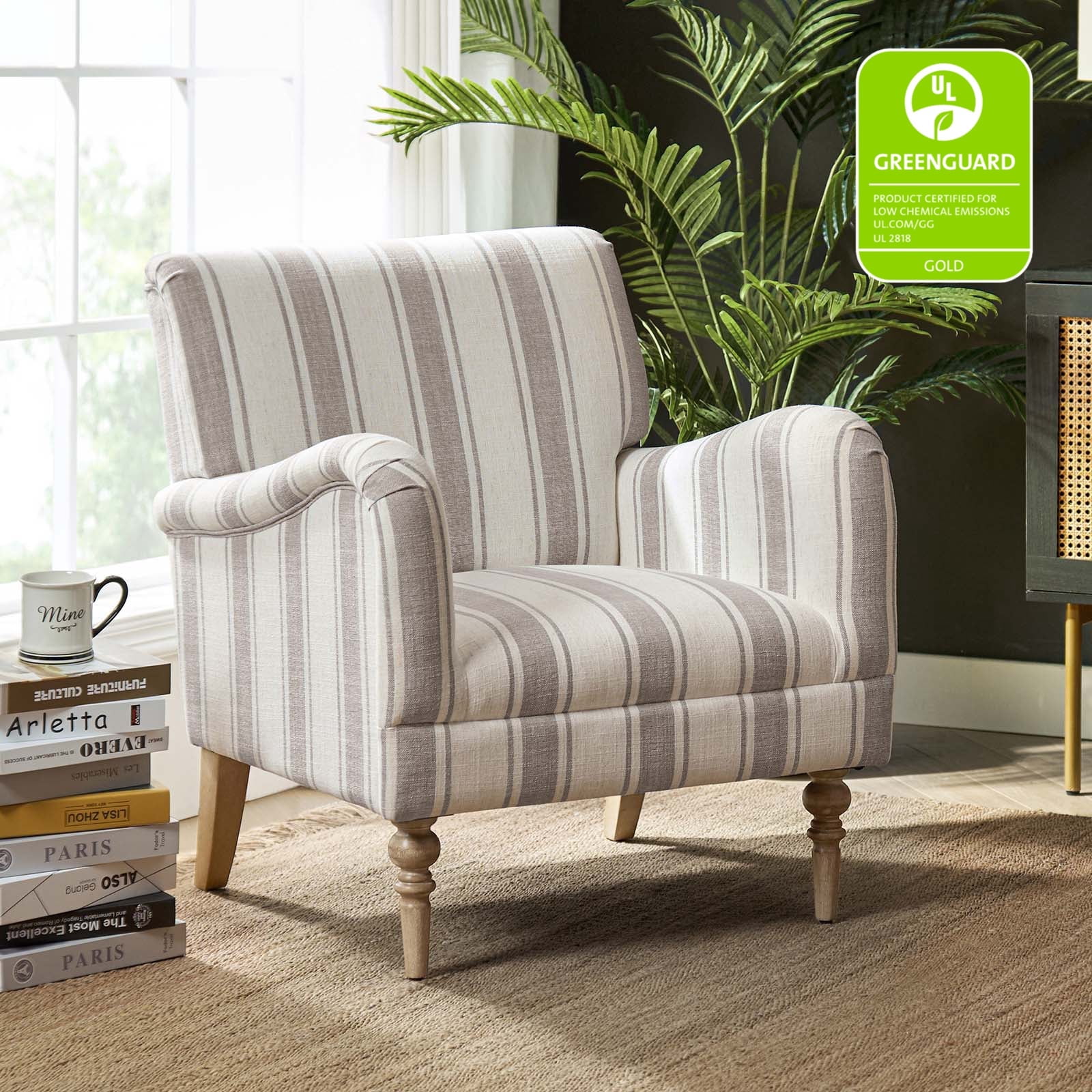 Stripe Armchair Upholstered Wooden Legs Accent Chair for Home Living Room Bedroom Adult Tan Stripe