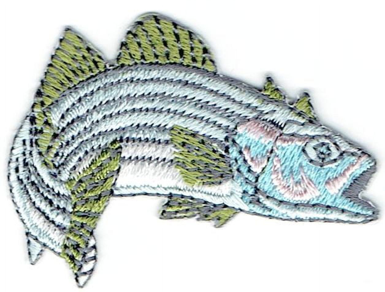 Stripe Bass - Facing Right - Fish - Fishing - Blue/Green - Iron on Embroidered  Patch 