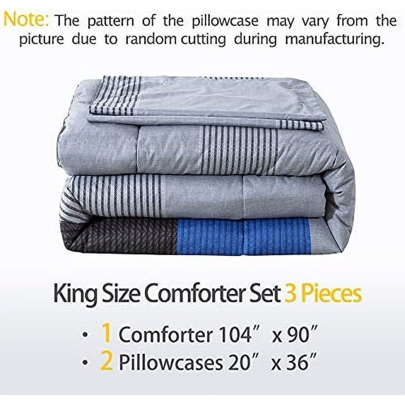 Stripe Blue Comforter Set King Size, 3 Pieces Gray and Blue Patchwork Striped Comforter(104x90 Inch), Soft Microfiber Down Alternative Comforter Bedding Set with Corner Loops