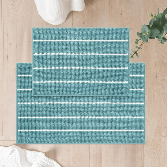 Stripe Chenille Bathroom Rugs Set 2 Piece 17"x24"+20"x32", Water Absorbent Soft Bath Mat for Bathroom, Non Slip Bath Rug Washable Quick Dry Shower Mats, Aqua Blue and White