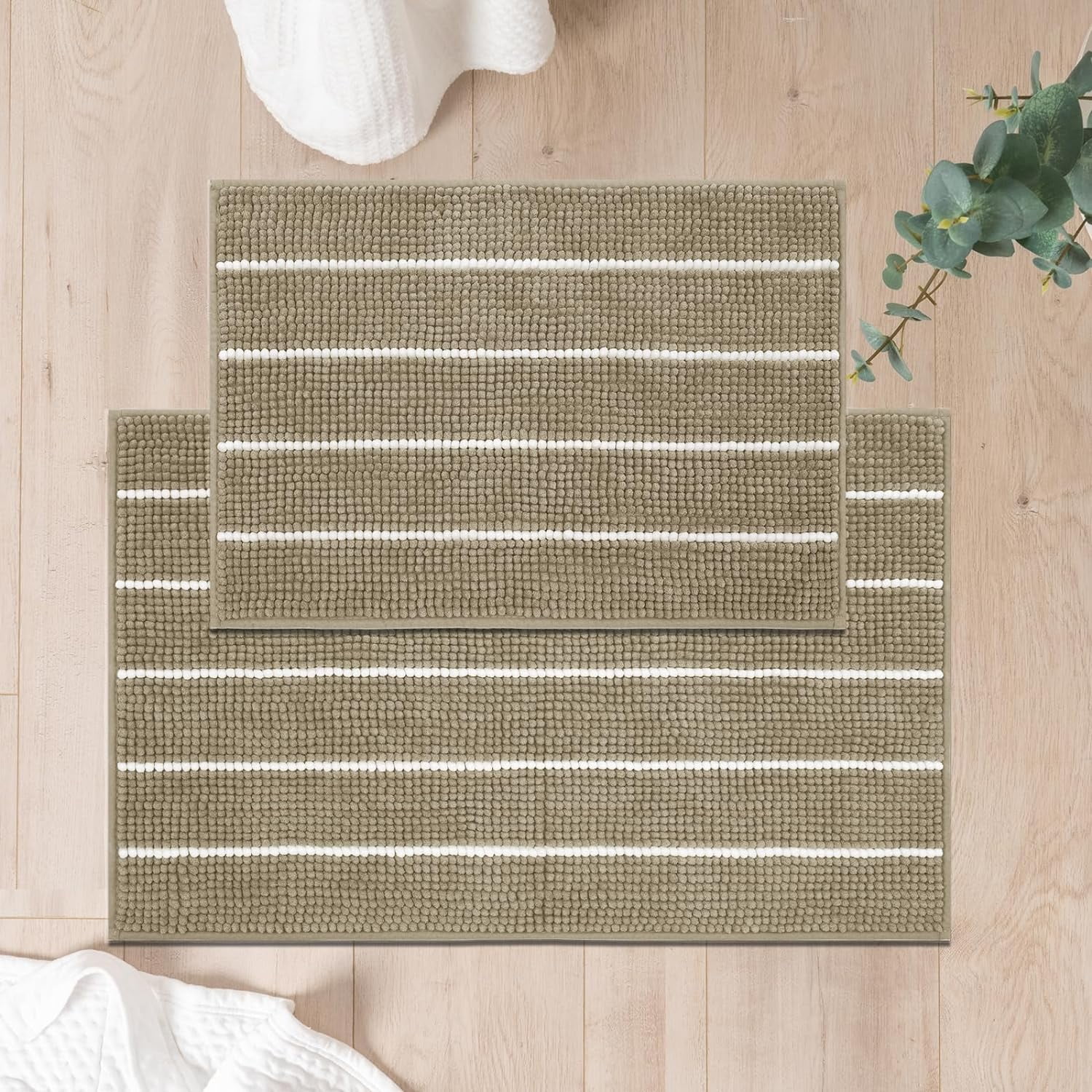 Stripe Chenille Bathroom Rugs Set 2 Piece 17"x24"+20"x32", Water Absorbent Soft Bath Mat for Bathroom, Non Slip Bath Rug Washable Quick Dry Shower Mats, Beige and White