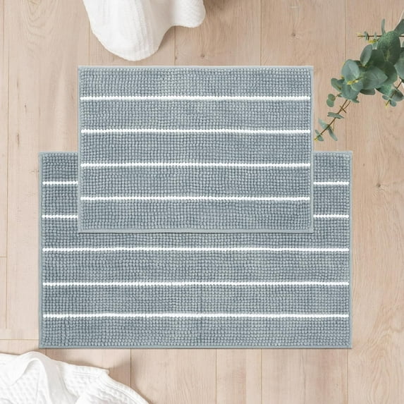 Stripe Chenille Bathroom Rugs Set 2 Piece 17"x24"+20"x32", Water Absorbent Soft Bath Mat for Bathroom, Non Slip Bath Rug Washable Quick Dry Shower Mats, Grey and White