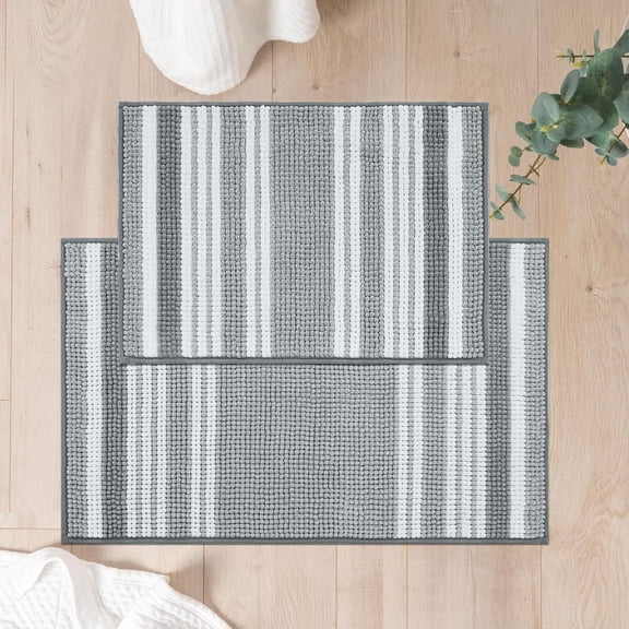 Stripe Chenille Bathroom Rugs Sets 2 Piece 17"x24"+20"x32", Bath Mats for Bathroom Floor Non-Slip, Washable Bath Rugs Set, Absorbent & Durable Shower Mat, Grey and White