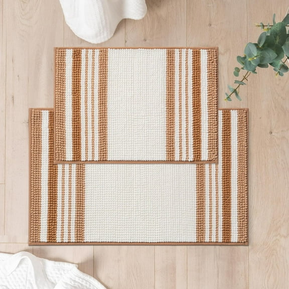 Stripe Chenille Bathroom Rugs Sets 2 Piece 17"x24"+20"x32", Bath Mats for Bathroom Non-Slip, Washable Boho Bath Rugs Set, Water Absorbent Shower Floor Mat, Persian Orange and White
