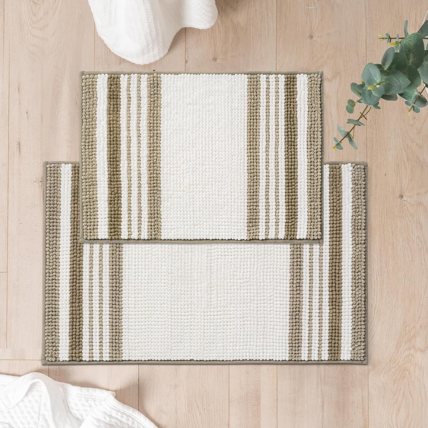 Stripe Chenille Bathroom Rugs Sets 2 Piece 17"x24"+20"x32", Soft Bath Mats for Bathroom Floor Non-Slip, Boho Washable Bath Rugs Set, Water Absorbent Shower Mat, Beige and White