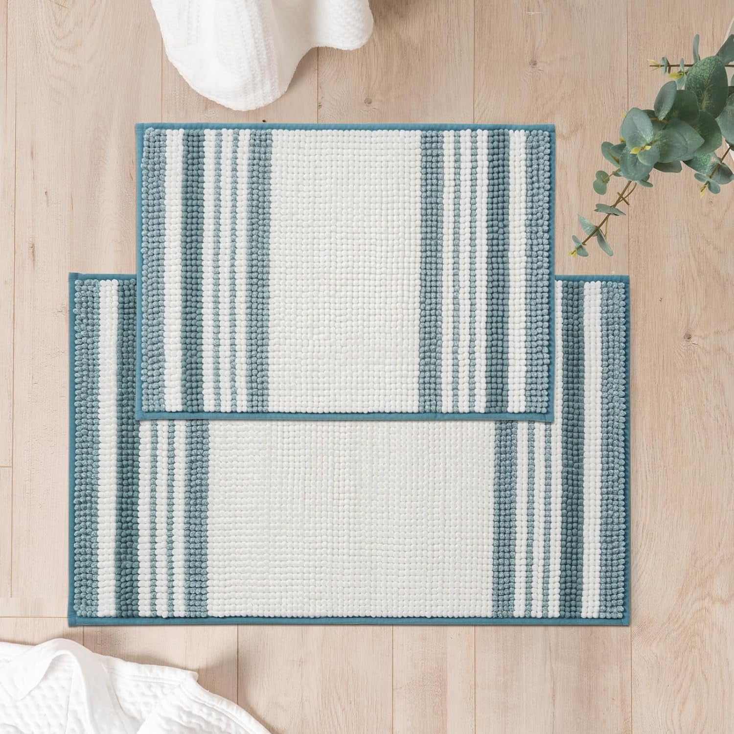 Stripe Chenille Bathroom Rugs Sets 2 Piece 17"x24"+20"x32", Soft Bath Mats for Bathroom Floor Non-Slip, Washable Bath Rugs Set, Water Absorbent Shower Floor Mat, Aqua Blue and White