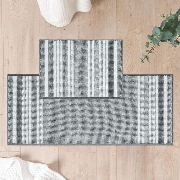 Stripe Chenille Bathroom Rugs Sets 2 Piece 17"x24"+20"x47", Large Bath Mats for Bathroom Floor Non-Slip, Washable Bath Rugs Set, Absorbent Durable Shower Mat, Grey and White