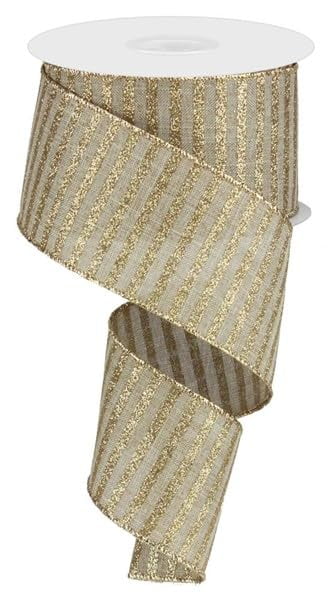 Stripe Christmas Wired Ribbon, Beige Gold 2.5 Inches x 50 Yards (150 feet)