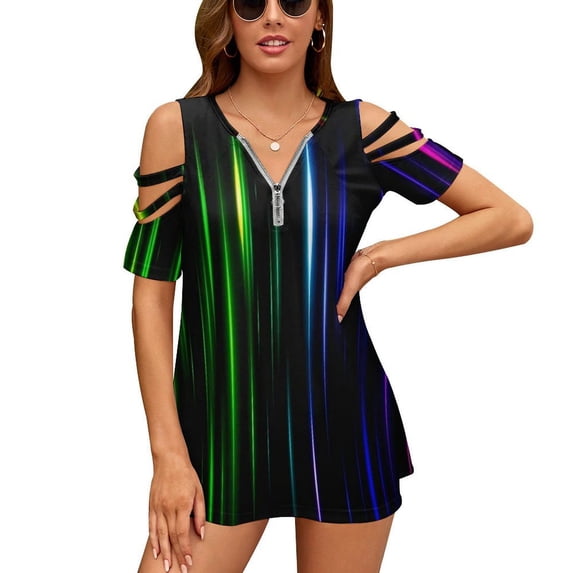 Stripe Color Womens Summer V Neck Zipper Top Short Sleeve T Shirt Off Shoulder Top Casual Classy Loose Shirts