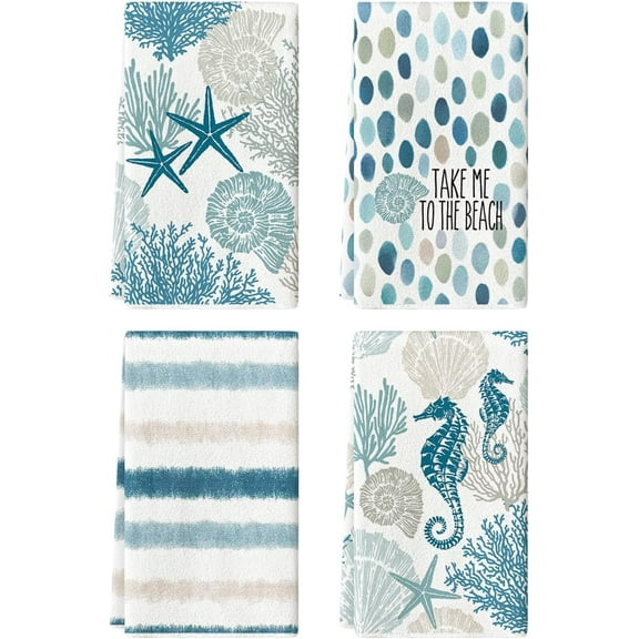 Stripe Coral Starfish Seahorses Whelks Summer Kitchen Towels Dish Towels, 18x26 Inch Farmhouse Decoration Hand Towels Set of 4
