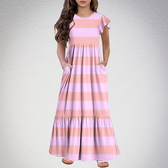 Stripe Dresses for Girls with Pockets Size 6-12 2025 Tween Kids Trendy Short Sleeve Crew Neck Pullover Going-Out Long Maxi Dress