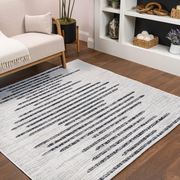 Stripe Geometric Indoor Outdoor Square Area Rug 4X4 Ivory/Black, Zolak Berber for Backyard, Patio, Porch, Easy-Cleaning, High Traffic, Pet-Friendly, Non-Shedding (SMB124D-4SQ)