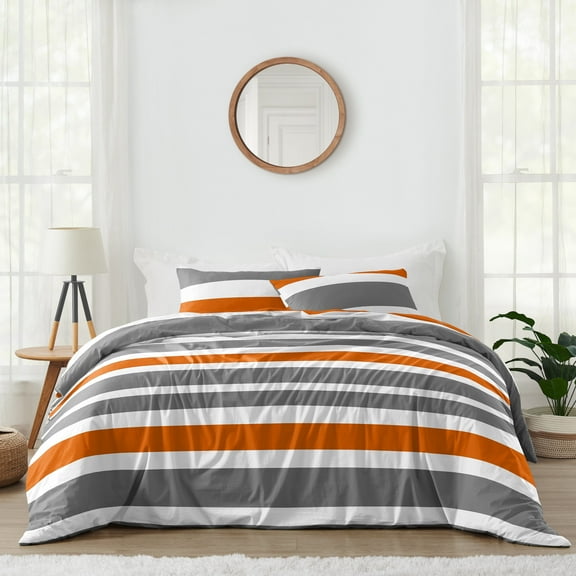 Sweet Jojo Designs Stripe Grey and Orange Full/Queen Bed Comforter 3 Piece Bedding Set - 3 Piece