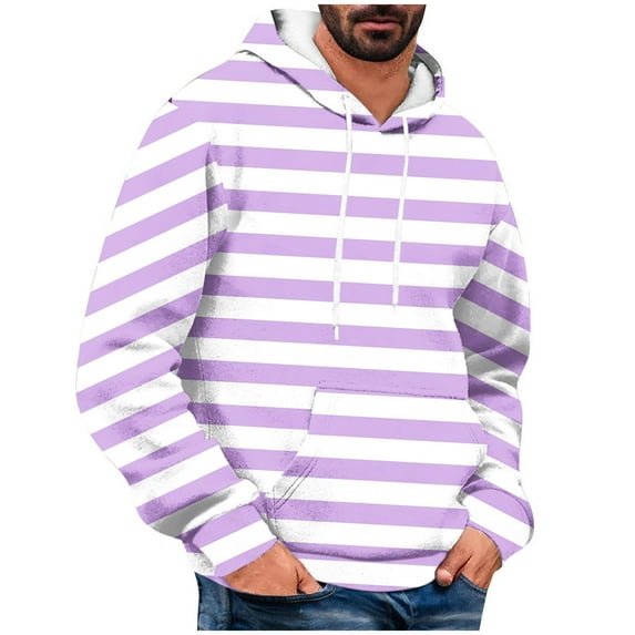 Stripe Hoodies for Men with Front Pockets Trendy Pullover Long Sleeve Fleece Lined Sweatshirts Casual Loose Comfort Basic Hoodie