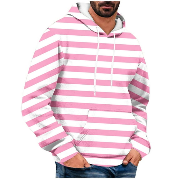 Stripe Hoodies for Men with Front Pockets Trendy Pullover Long Sleeve Fleece Lined Sweatshirts Casual Loose Comfort Basic Hoodie