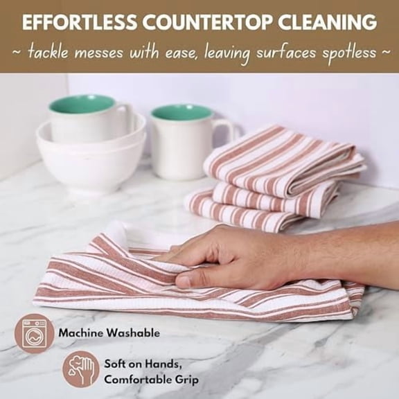 Stripe Kitchen Towels - 100% Cotton - 4 Pack - 16"x26" - Striped Tea Towel, Dish Cloths for Drying Dishes, Absorbent, Quick Dry Towels Set with Hanging Loop - Rust