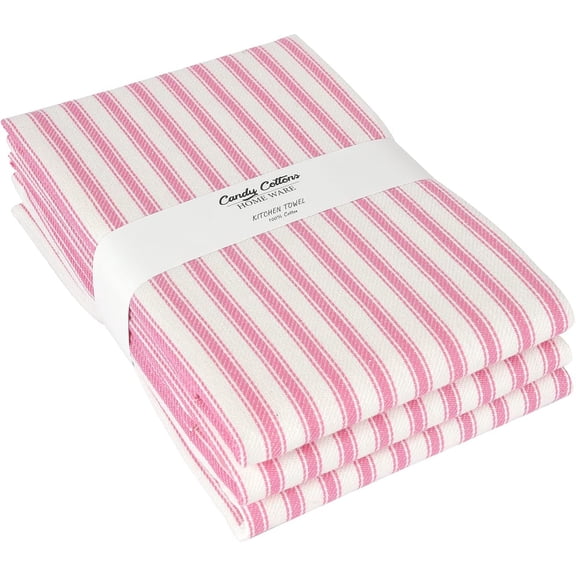 Stripe Kitchen Towels With Hanging Loop - Boho Absorbent Dish Towels Set of 3 - Festive Gift 18x28 Inch Reusable Pantry Decor - Trendy Spring French Pink