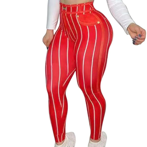 Stripe Leggings for Women Fashion Skinny Stretch Tights High Waist Faux Jean Pant Tummy Control Butt Lift Yoga Trouser