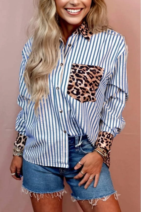 Stripe Leopard Patchwork Button-Up Shirt