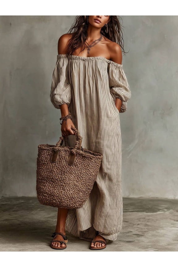 Stripe Linen-Blend Off Shoulder Maxi Dress With Puff Sleeves, Loose Boho Sundress