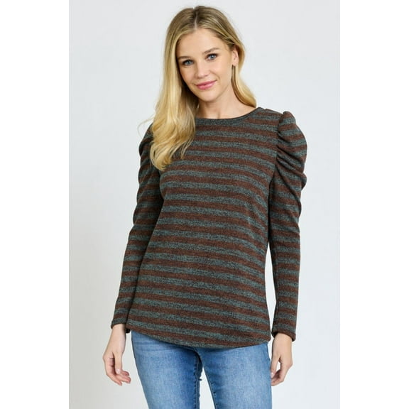 Stripe Long Puffed Shoulder Sleeve Top| S-3X