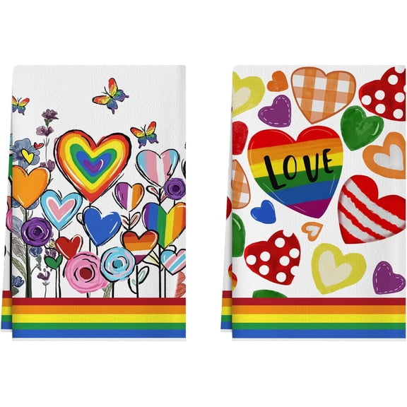 Stripe Love Heart Flowers Rainbow Butterfly LGBTQ Pride Day Dish Towels 18x26 Inch Inclusion Gay Lesbian Pansexual Equality Home Kitchen Decorations Hand Towels Set of 2 Drying Dishcloth