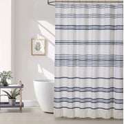 Stripe Modern Farmhouse Cloth Fabric Shower Curtain with Tassels，Luxury 100% Cotton Shower Curtain Bathroom Decor,72" W x 72" H，Navy Blue