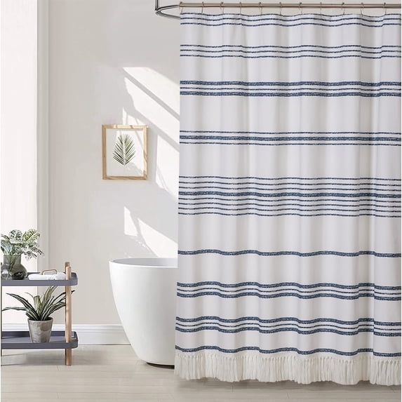 Stripe Modern Farmhouse Cloth Fabric Shower Curtain with Tassels,Luxury 100% Cotton Shower Curtain Bathroom Decor,72" W x 72" H,Navy Blue