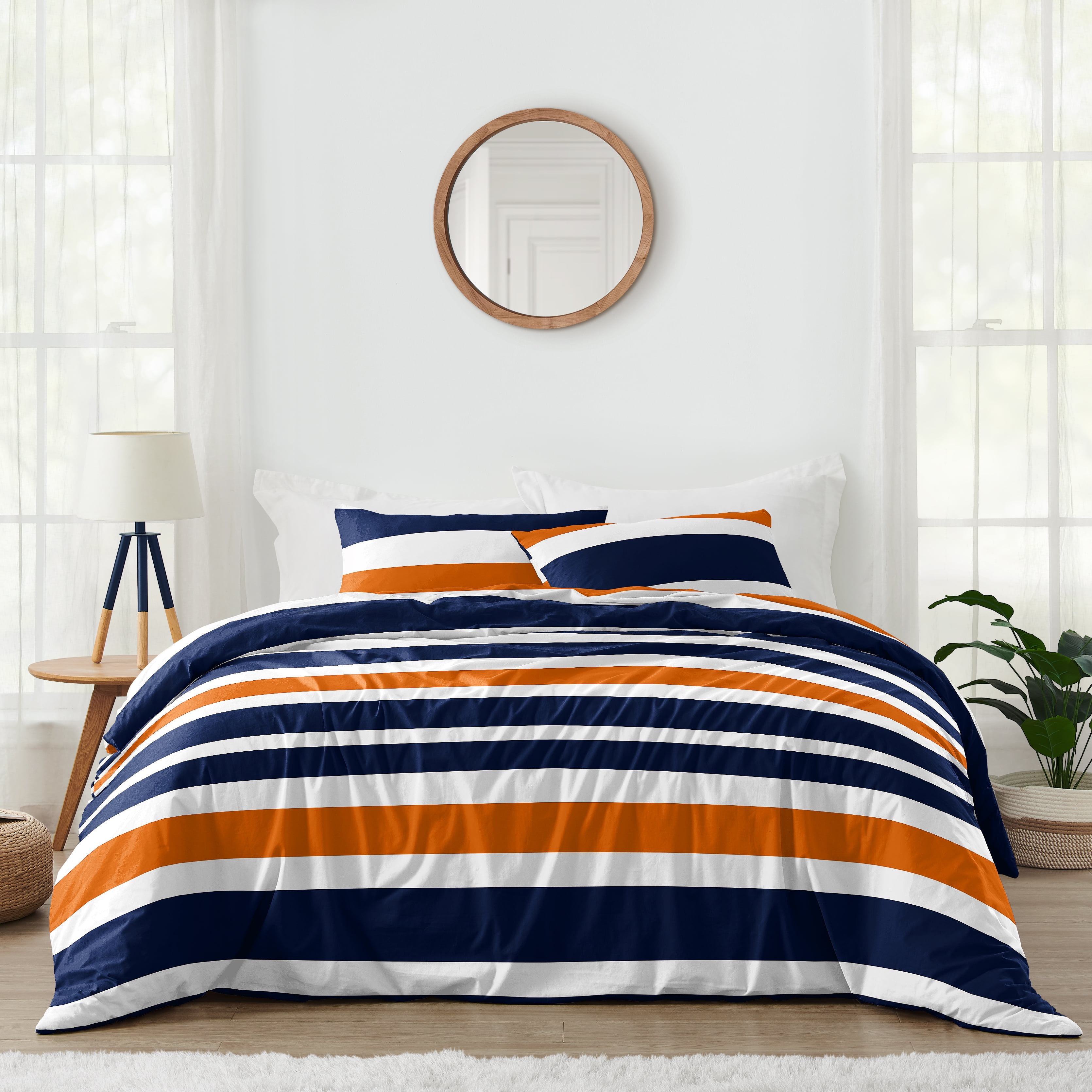Navy and Orange Striped Full Microfiber Comforter Set