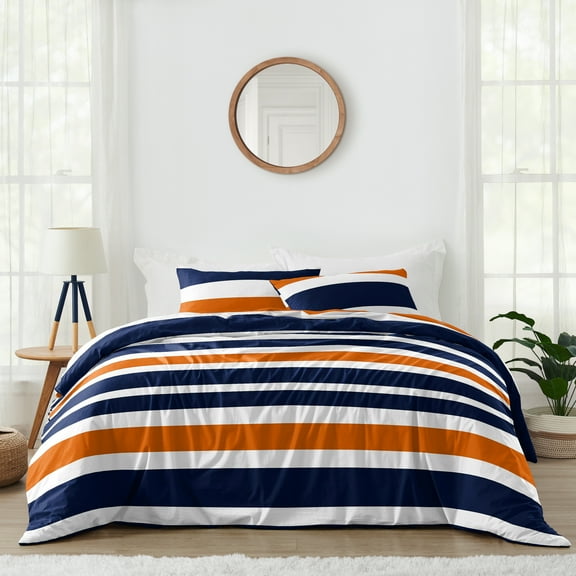 Stripe Navy Blue and Orange Full/Queen Bedding Collection