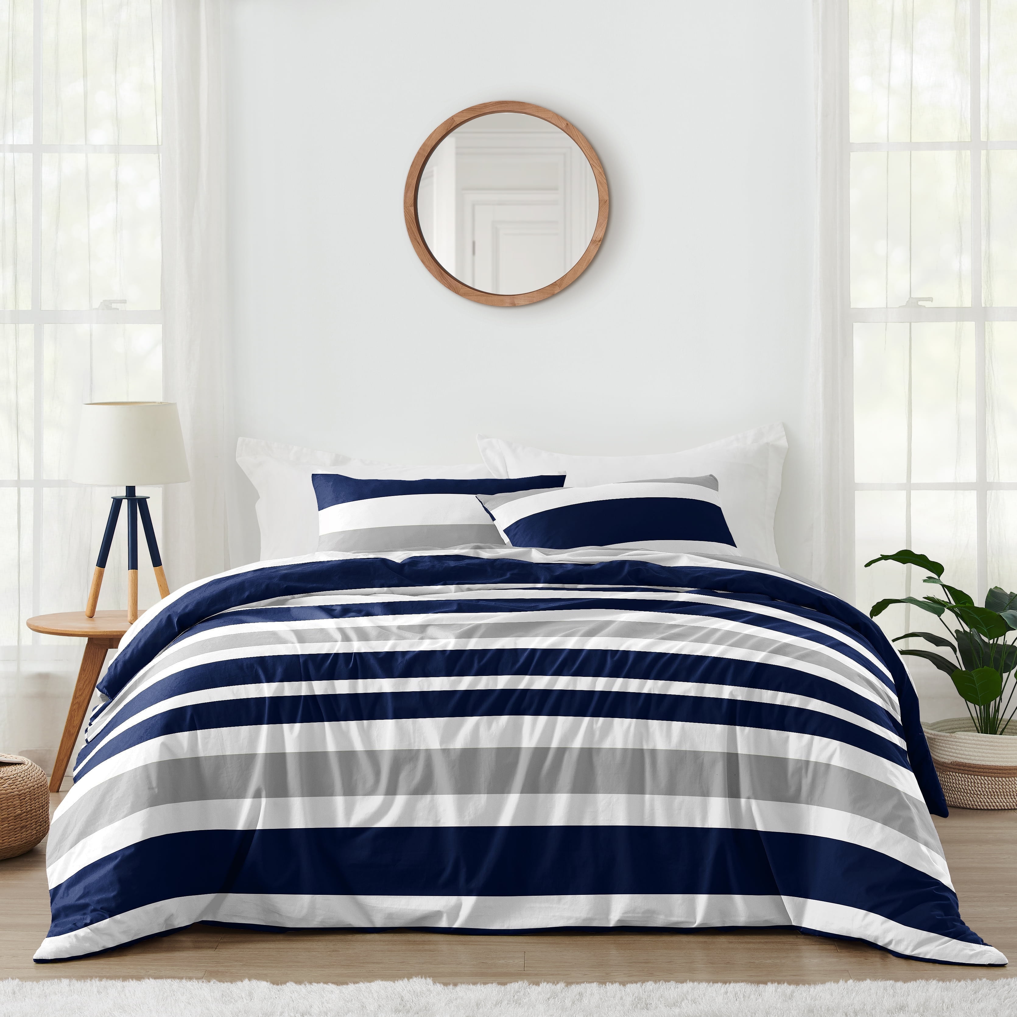 Navy and Gray Striped Full Microfiber Comforter Set
