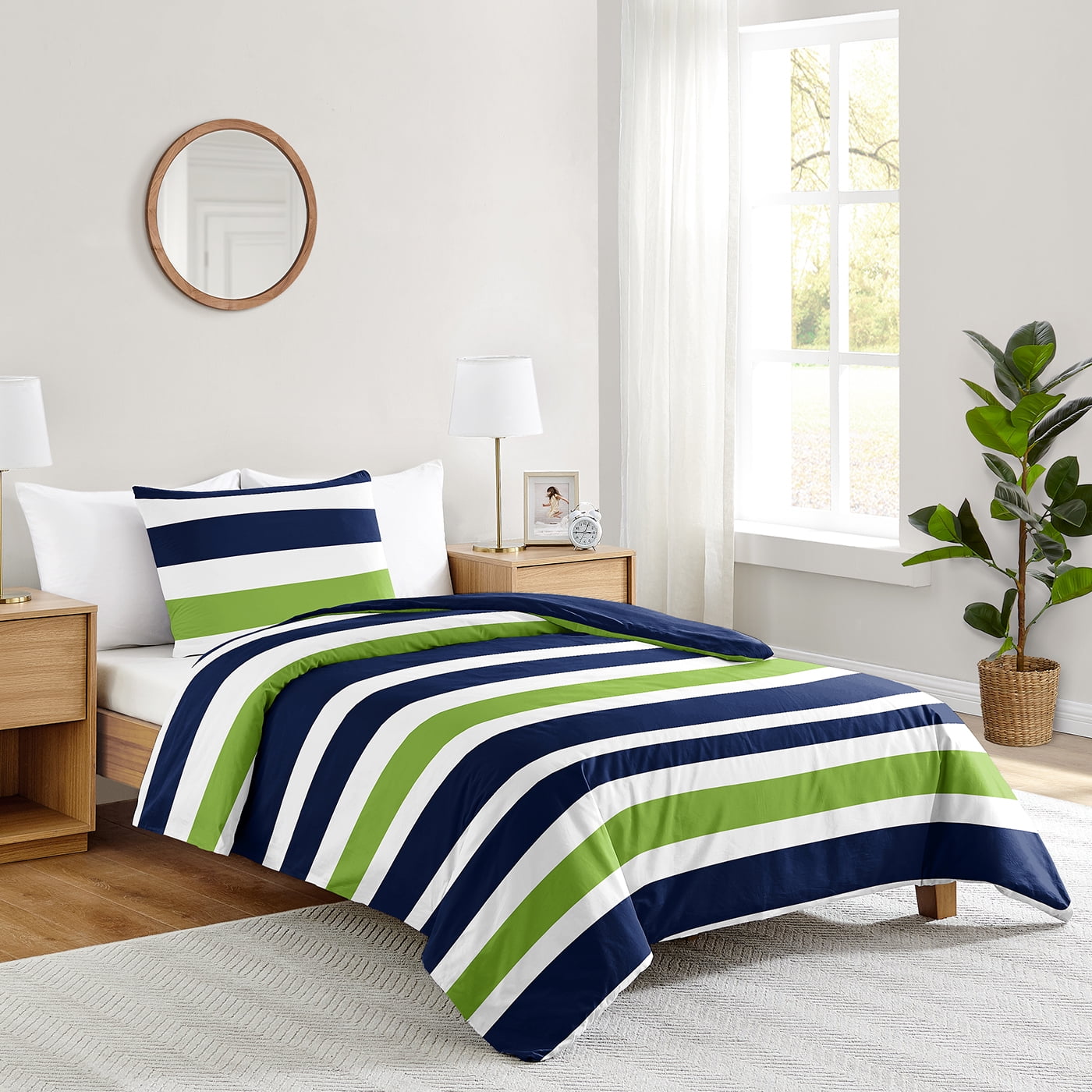 Navy and Lime Green Striped Twin Microfiber Comforter Set