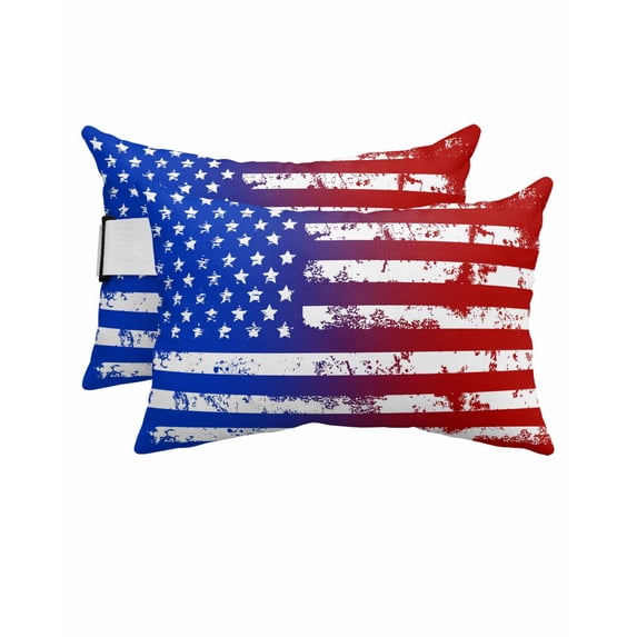 Stripe Outdoor Head Resting Pillows with Insert American Flag Vintage Stripes Retro Style Stars 2 Pack Waterproof Lumbar Pillows with Adjustable Elastic Strap for Patio Chaise Beach Chair, 12"x20"