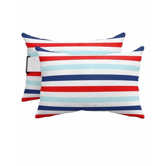 Stripe Outdoor Head Resting Pillows with Insert Blue Red Aqua White Modern Minimalist Lines 2 Pack Waterproof Lumbar Pillows with Adjustable Elastic Strap for Patio Chaise Beach Chair, 11"x16"