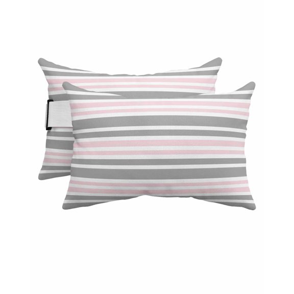 Stripe Outdoor Head Resting Pillows with Insert Pink and Gray Abstract Minimalist 2 Pack Waterproof Lumbar Pillows with Adjustable Elastic Strap for Patio Chaise Beach Chair, 12"x20"