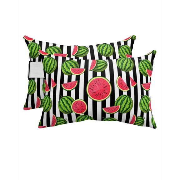 Stripe Outdoor Head Resting Pillows with Insert Summer Watermelon Black White Farmhouse Vintage 2 Pack Waterproof Lumbar Pillows with Adjustable Elastic Strap for Patio Chaise Beach Chair, 11"x16"
