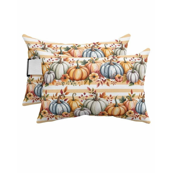 Stripe Outdoor Head Resting Pillows with Insert Thanksgiving Pumpkin Fall Watercolor Leaves 2 Pack Waterproof Lumbar Pillows with Adjustable Elastic Strap for Patio Chaise Beach Chair, 11"x16"