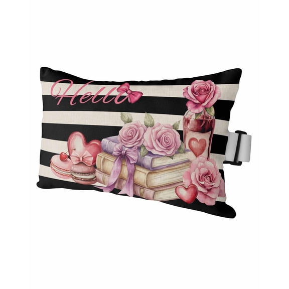 Stripe Outdoor Head Resting Pillows with Insert White Black Vintage Pink Rose Love Book Cake 1 Pack Waterproof Lumbar Pillows with Adjustable Elastic Strap for Patio Chaise Beach Chair, 11"x16"