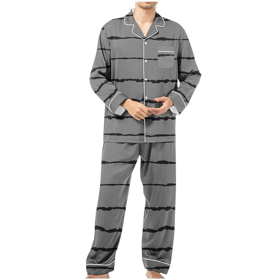 Stripe Pajama Sets for Men with Pocket Two Piece Loungewear Outfits Casual Lightweight Pajamas Long Sleeve Shirts and Pants Sleepwear Set