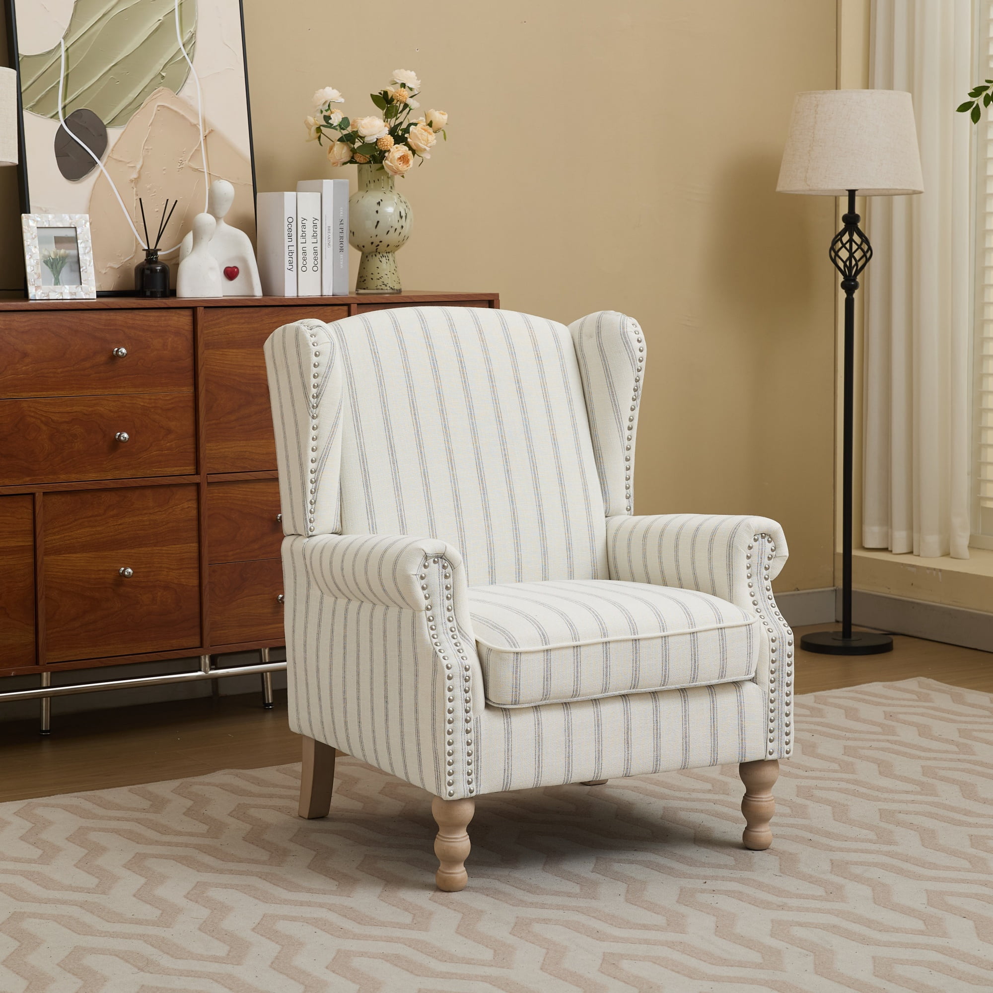 Stripe Pattern Accent Chair with Retro Wood Legs and Comfortable Upholstery, Single Sofa Chair for Living Room and Bedroom, Ancient White