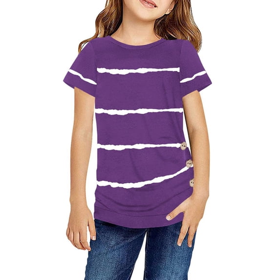 Stripe Print Kids Short Sleeve Summer O-Neck Button T-Shirt Children Tops