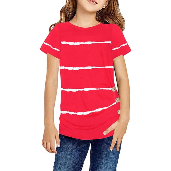 Stripe Print Kids Short Sleeve Summer O-Neck Button T-Shirt Children Tops