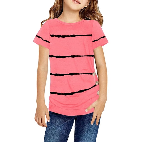 Stripe Print Kids Short Sleeve Summer O-Neck Button T-Shirt Children Tops