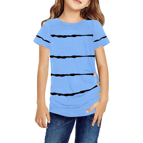 Stripe Print Kids Short Sleeve Summer O-Neck Button T-Shirt Children Tops