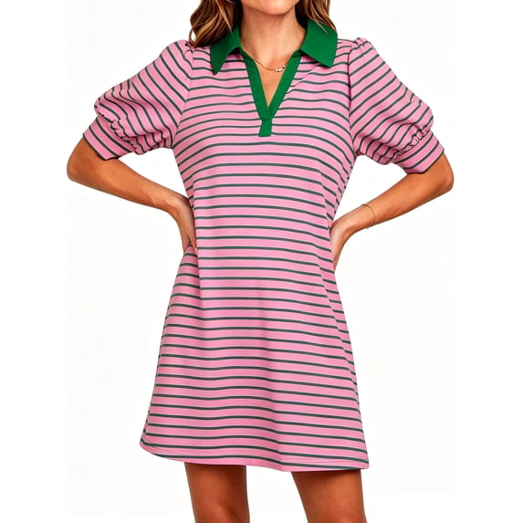 Stripe Printing Women Short Sleeve V Neck Casual Mini Shirt Dresss