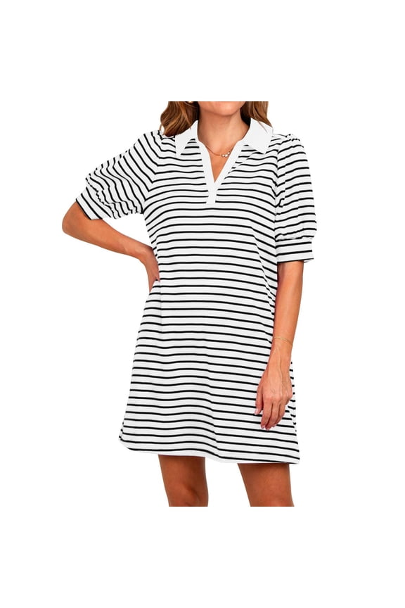 Stripe Printing Women Short Sleeve V Neck Casual Mini Shirt Dresss