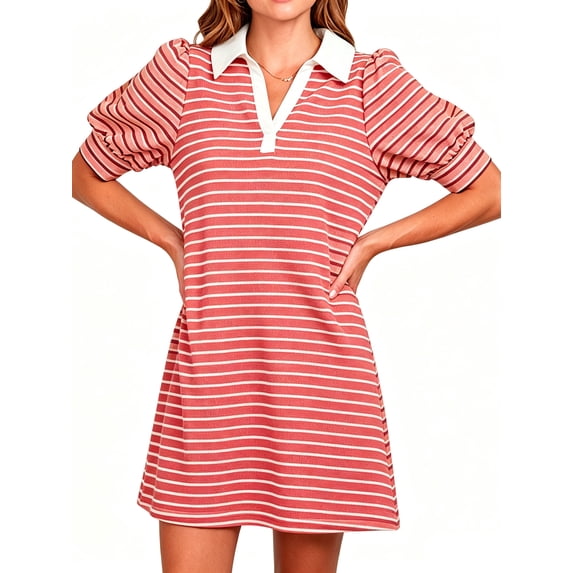 Stripe Printing Women Short Sleeve V Neck Casual Mini Shirt Dresss